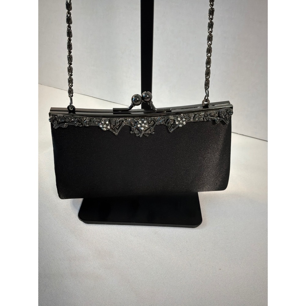 Jessica McClintock Clutch Bag Womens OS Black Satin Rhinestone Evening Formal